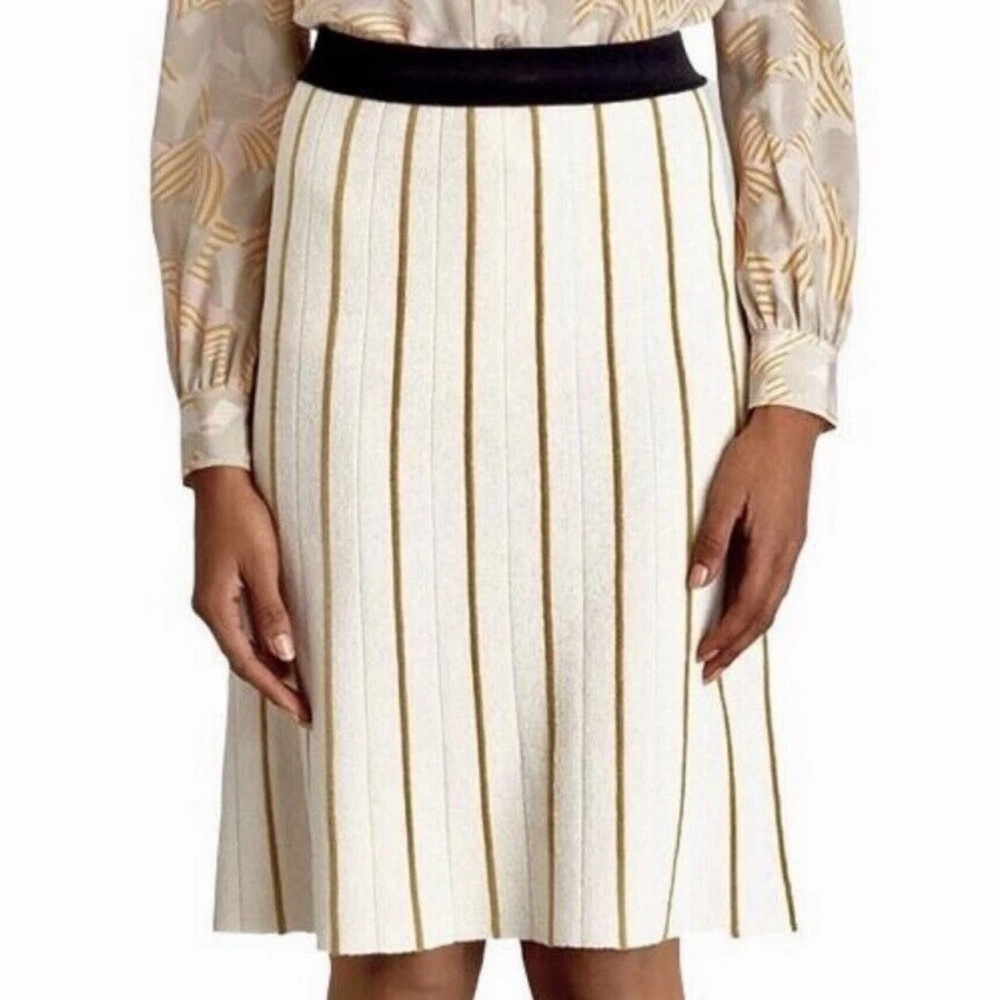 TORY BURCH Lena Ivory Mustard Stripe Knit Pull On Sz M Knee Length Skirt